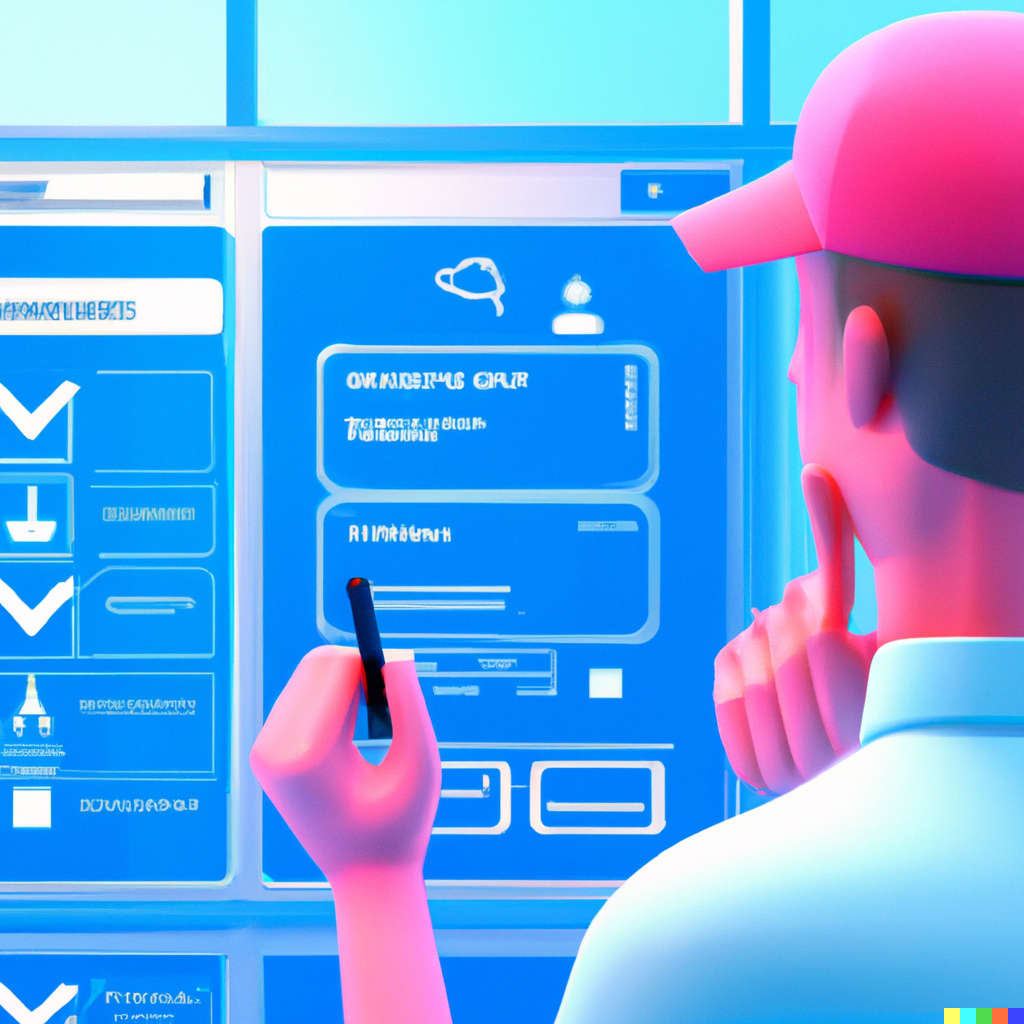 DALL·E 2023-04-04 18.40.09 - a 3d render of an engineer looking at an interface of an application in sunny office in the style of vaporwave